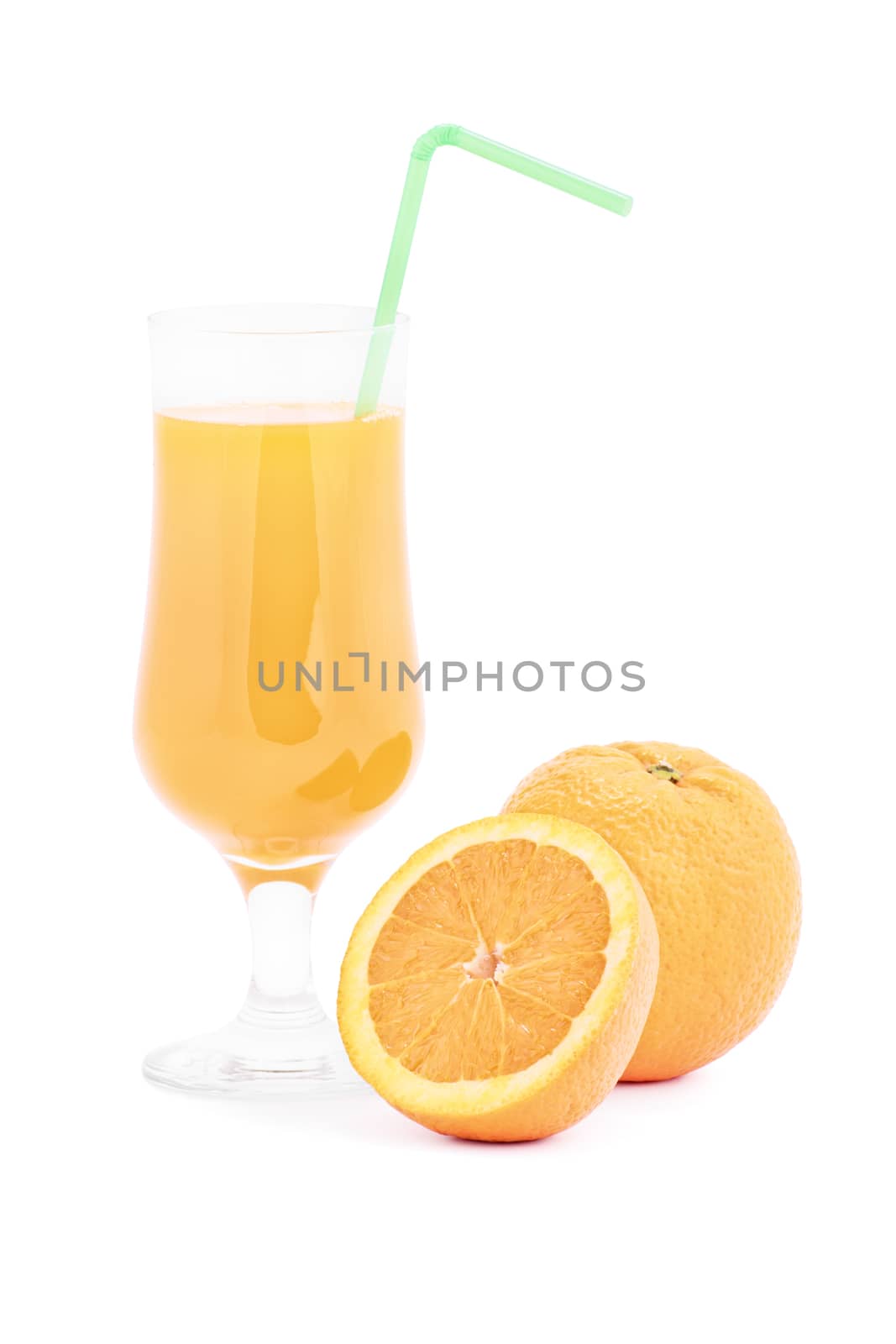 Ripe orange with glass of orange juice, isolated on white background.
