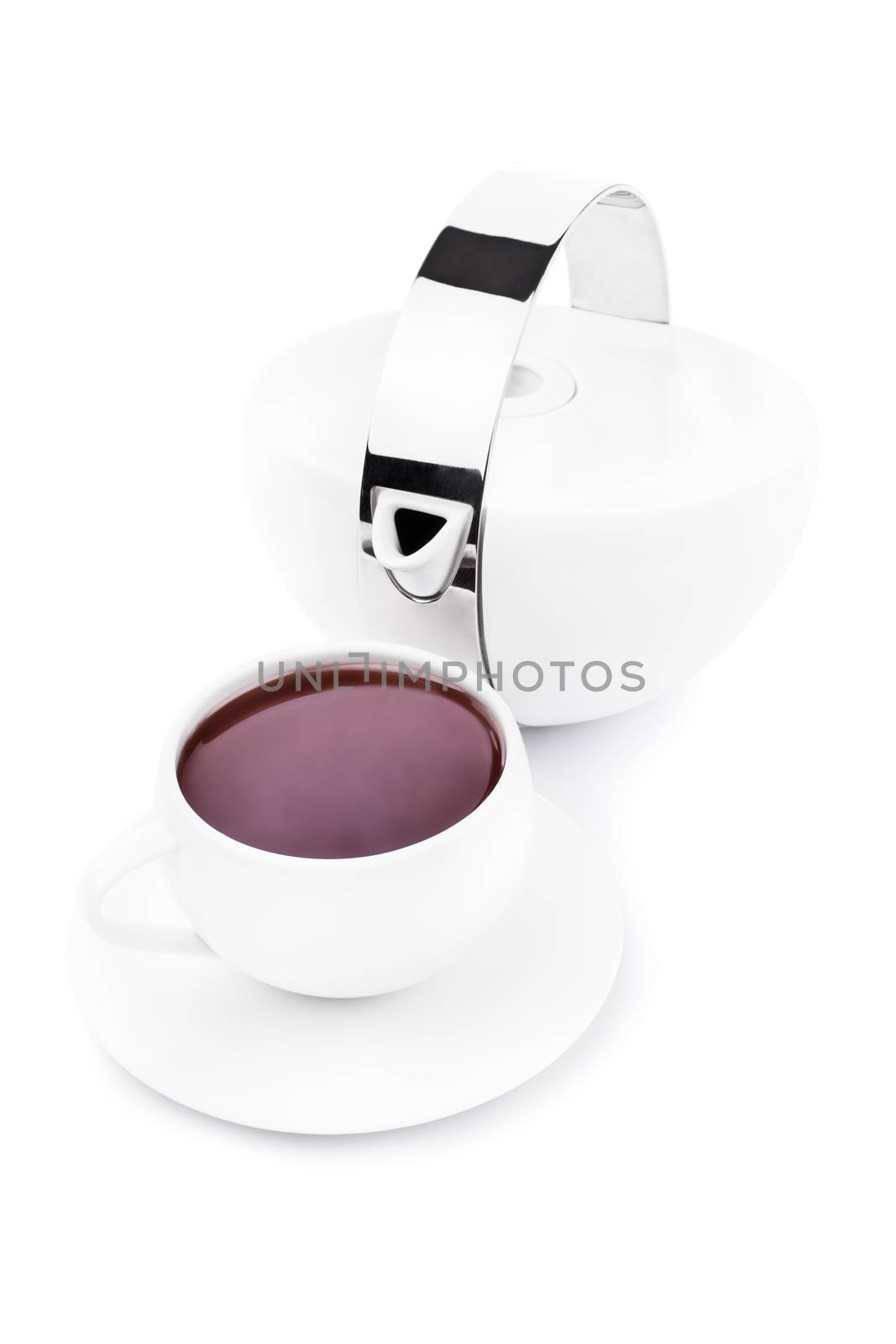 Tea cup filled with red colored tea and tea pot, isolated on white background.