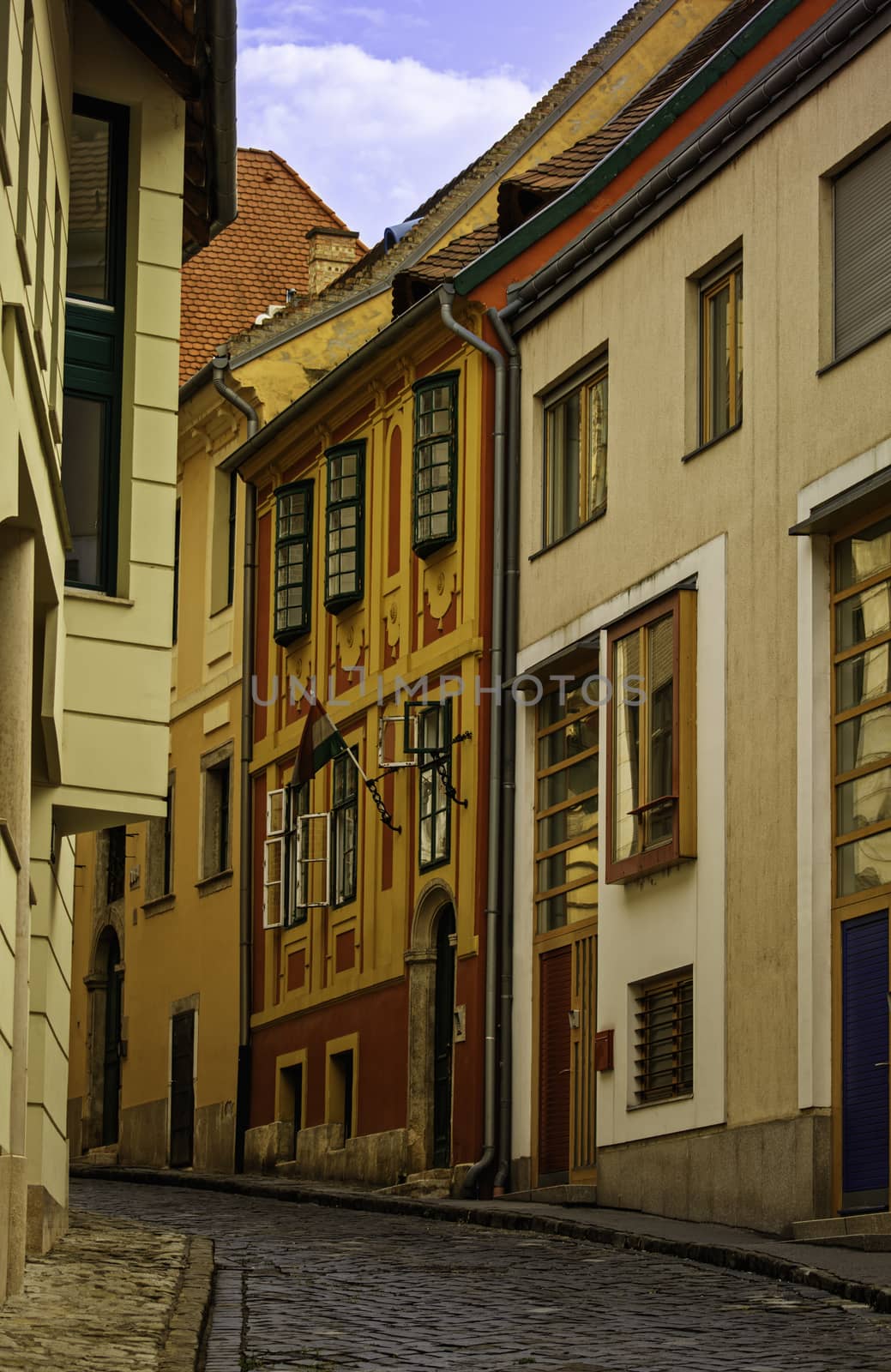 Narrow street with colorful old town houses by Mendelex
