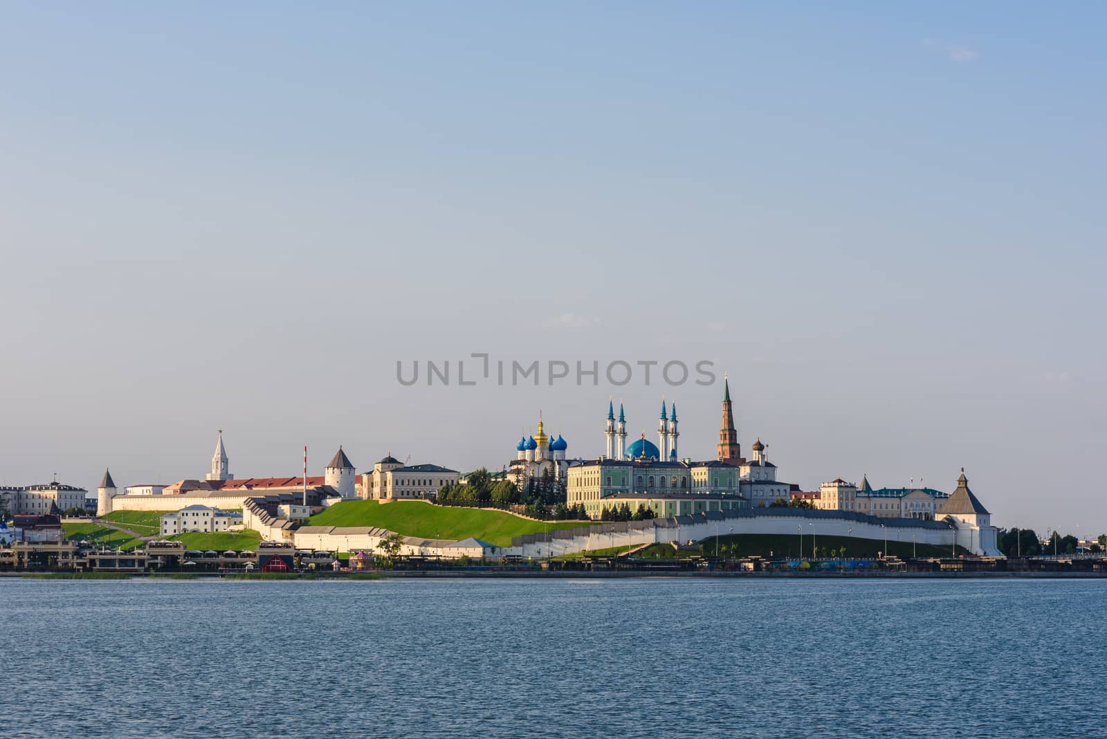 View of the Kazan Kremlin with Presidential Palace, Annunciation Cathedral, Soyembika Tower and Qolsharif Mosque from Kazanka River.