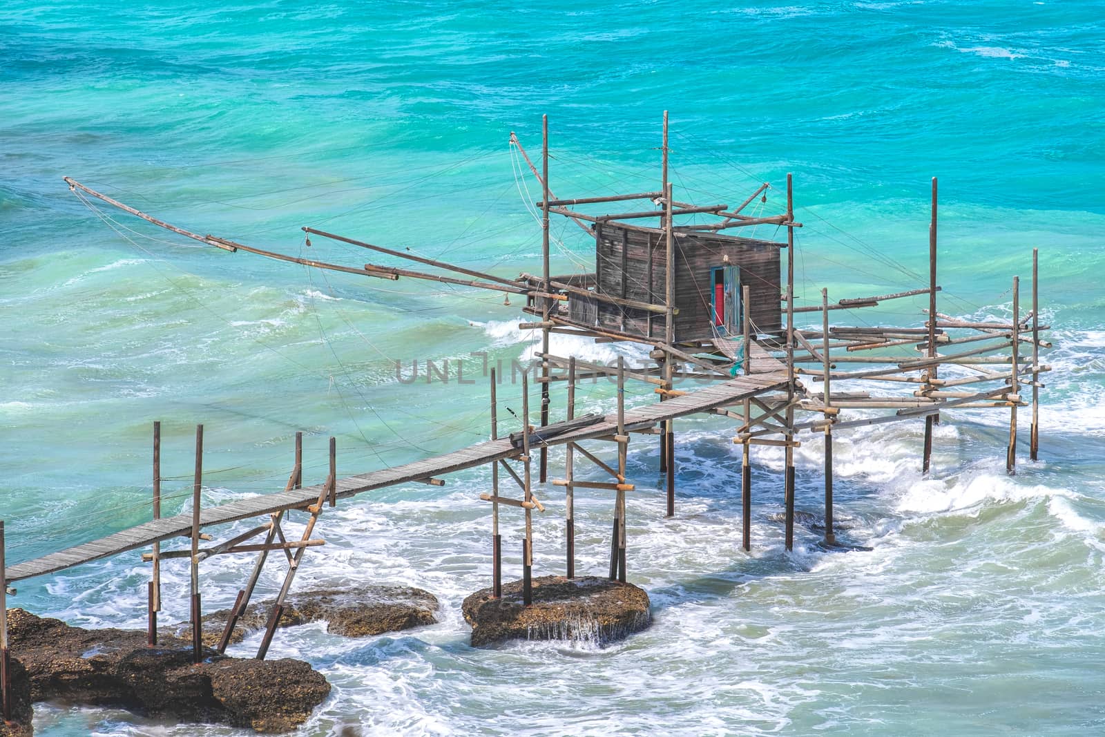 Trabocchi coast of Punta Aderci in Vasto - Abruzzo region - Chieti province- trabucco or trabocco is old wooden palatiffe stilt house shack fishing machine south italy sea by LucaLorenzelli