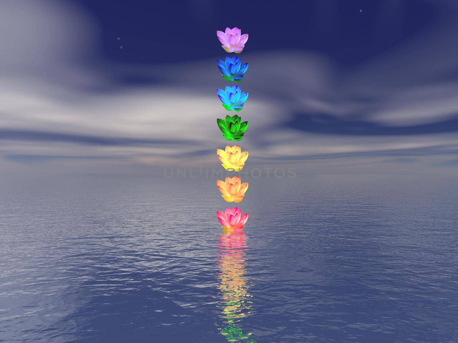 Meditation landscape and chakras colors for balance - 3d render