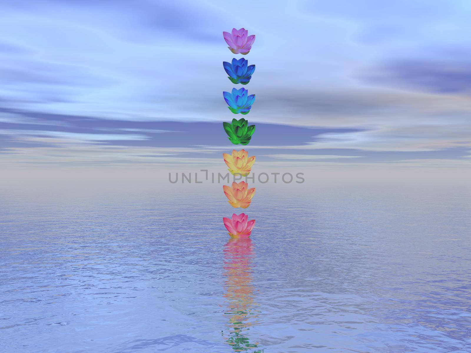 Meditation landscape and chakras for balance - 3d render by mariephotos