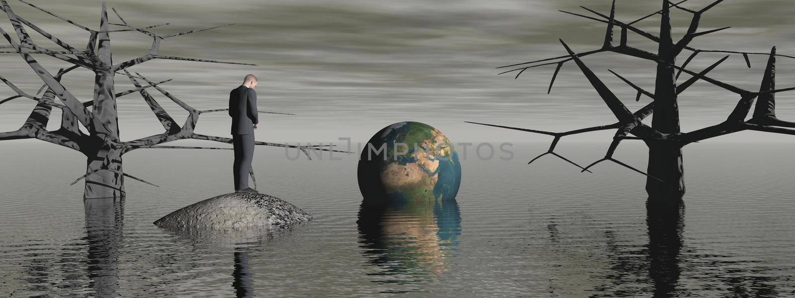 apocalypse landscape black and a man in depression - 3d render