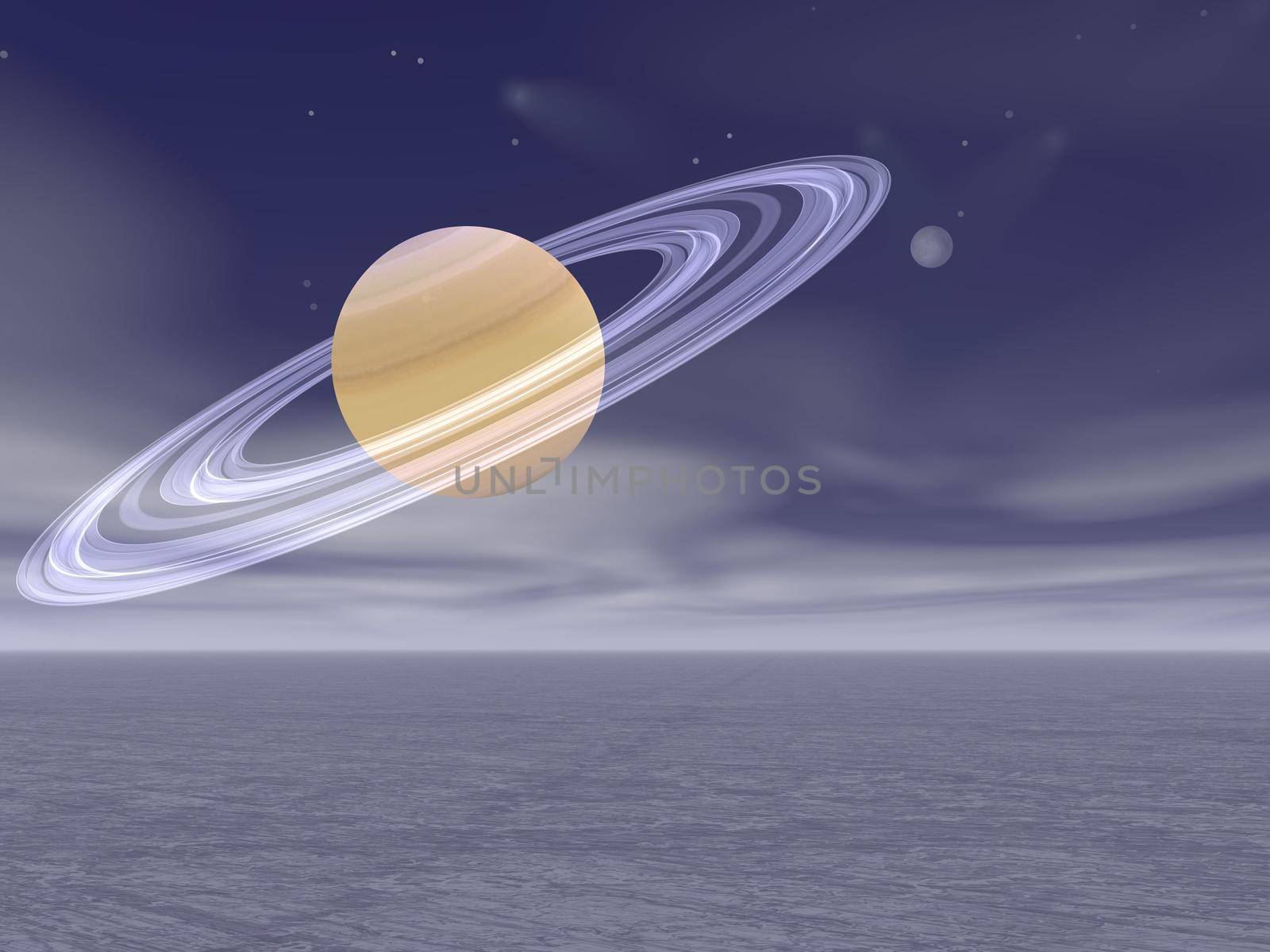 Saturn planet in a dream landscape - 3d render by mariephotos