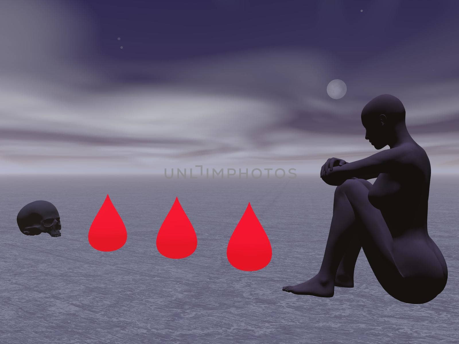 woman suffering in the middle of a landscape of death and blood - 3d render