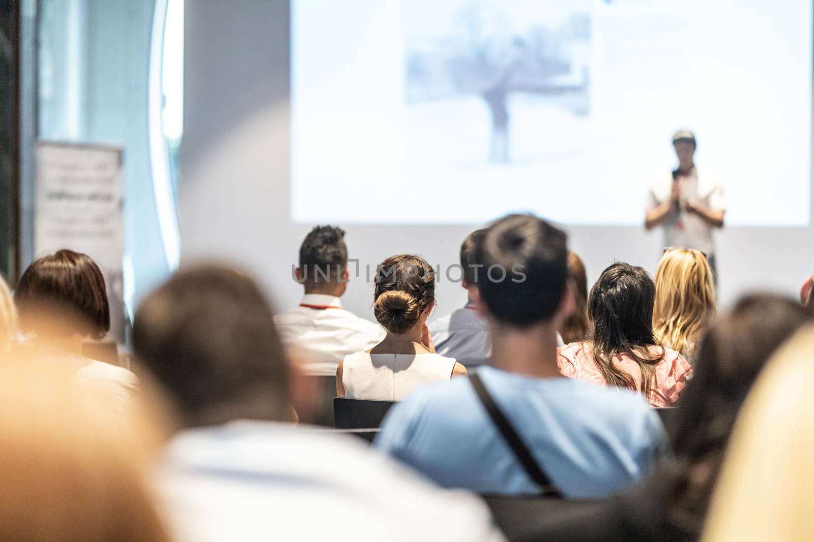 Business and entrepreneurship symposium. Speaker giving a talk at business meeting. Audience in conference hall. Rear view of unrecognized participant in audience.