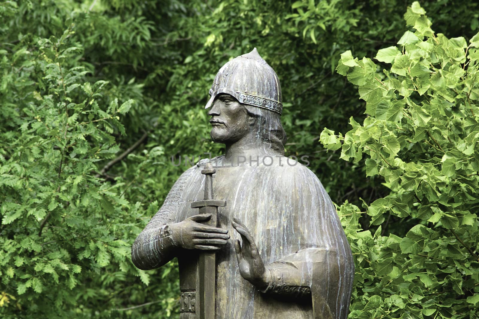 The upper part of an ancient war with a sword made of metal on a green foliage background.