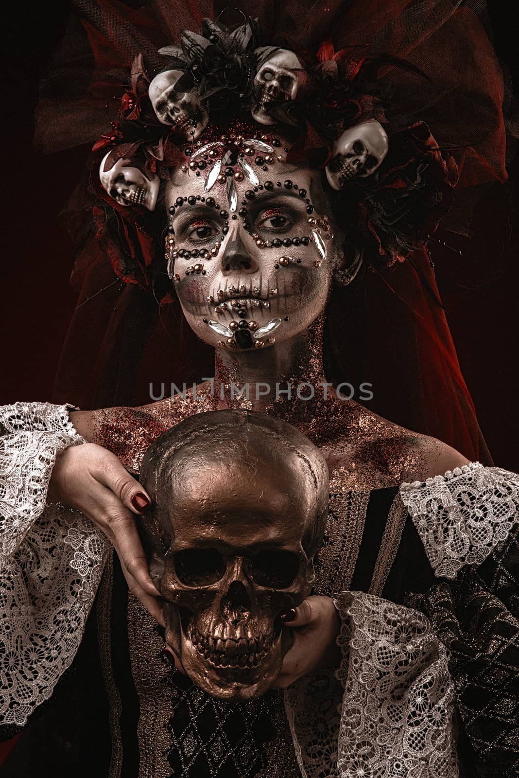 Santa Muerte Halloween Young Girl with creative scull Makeup