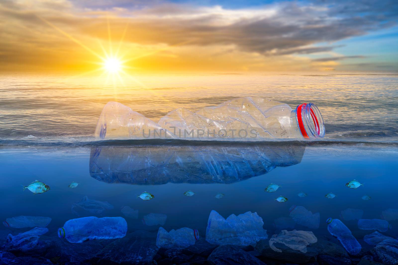 Plastic waste on the beach, sea, concept of nature and environment preservation