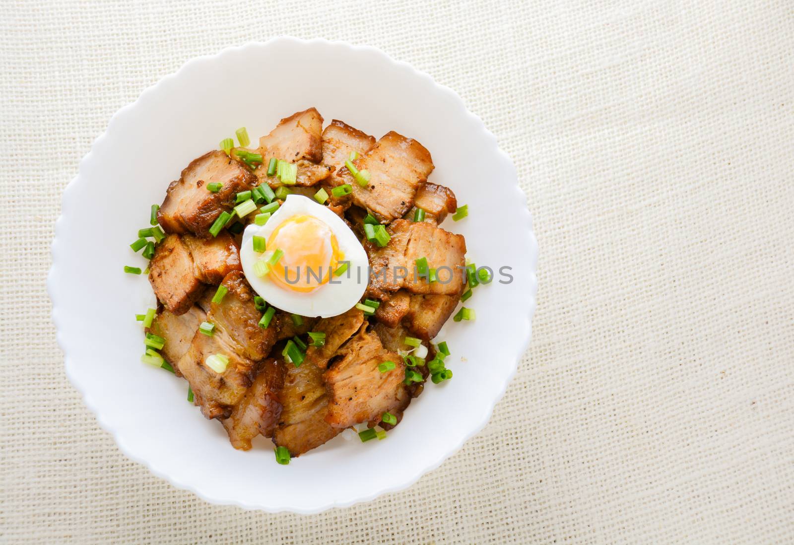 Bowl of rice topped with Braised pork belly and boiled egg, Japa by yuiyuize