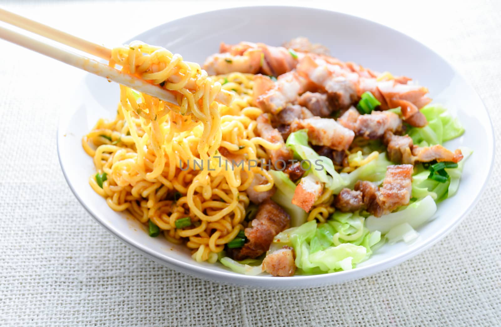 Udon noodles with grilled pork, sausage and cabbage - Japanese cuisine
