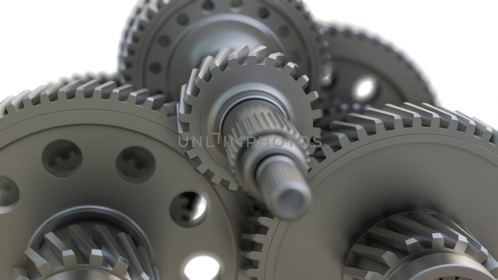 Gear metal wheels close-up. 3D ollustration, DOF effect