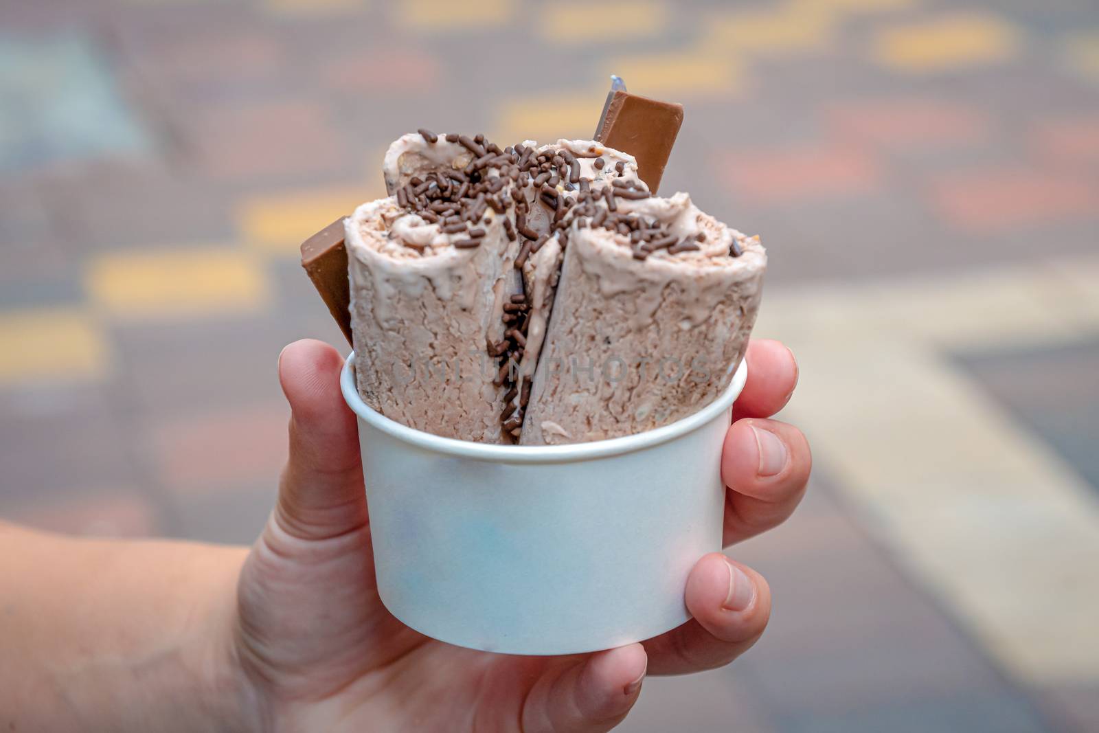 Pan frozen ice cream on Malaysian street food market Kitkat flavor
