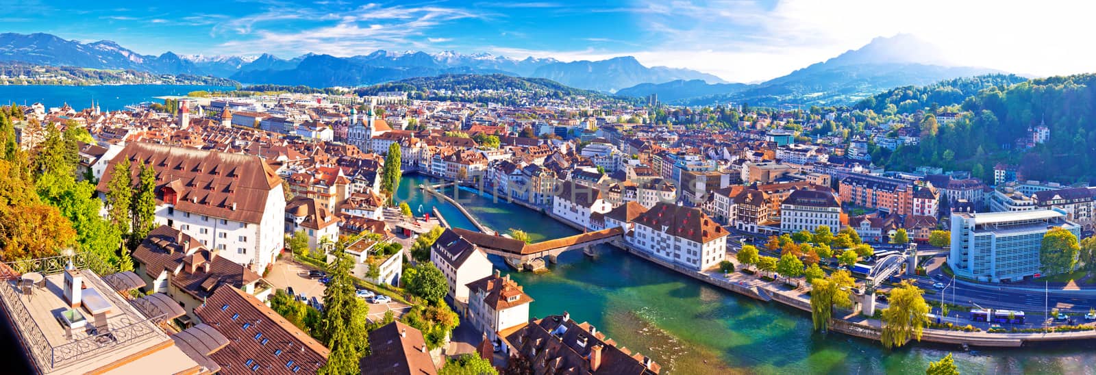 City of Luzern panoramic aerial view, Alps and lakes in Switzerland