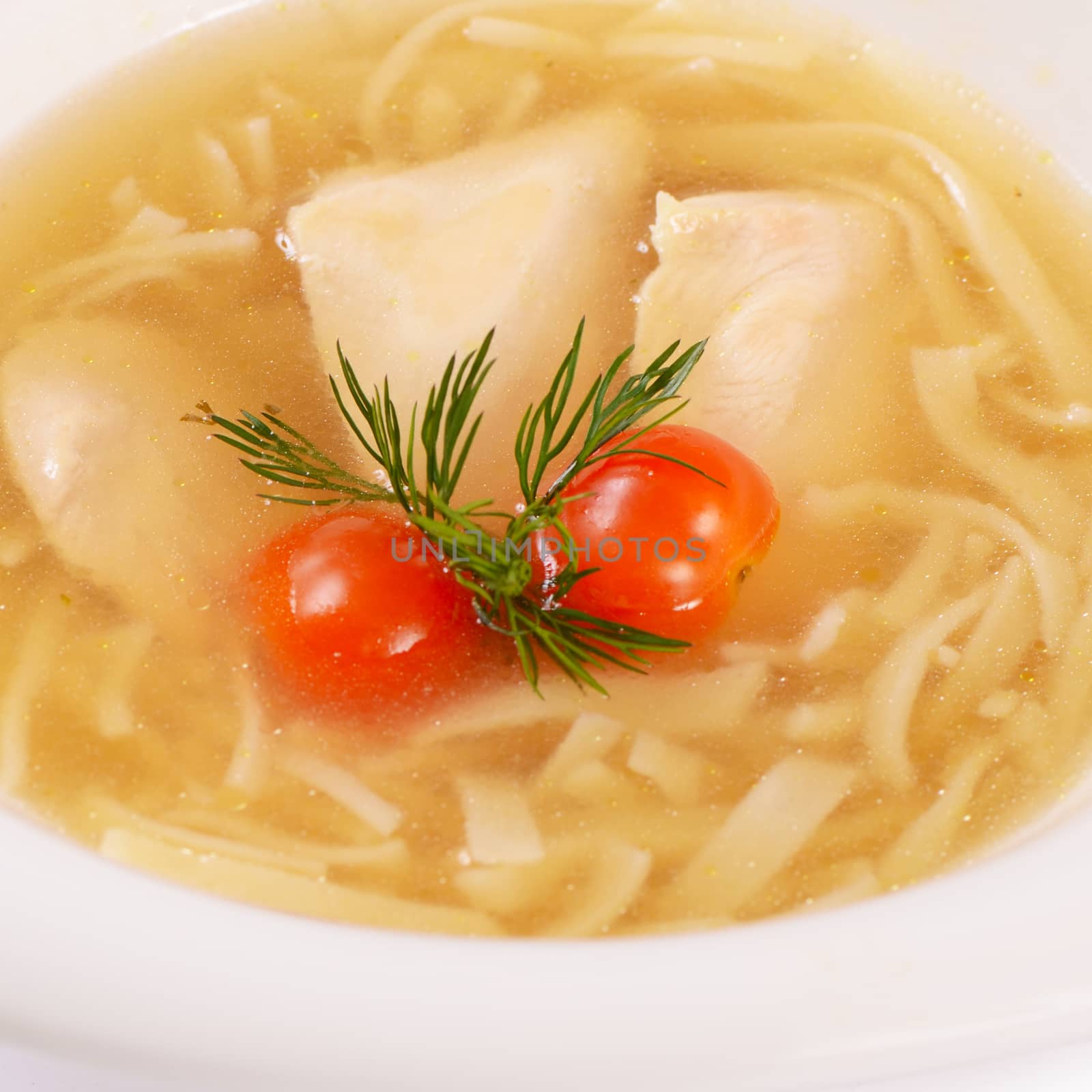 Soup homemade noodles with a chicken close up by SvetaVo