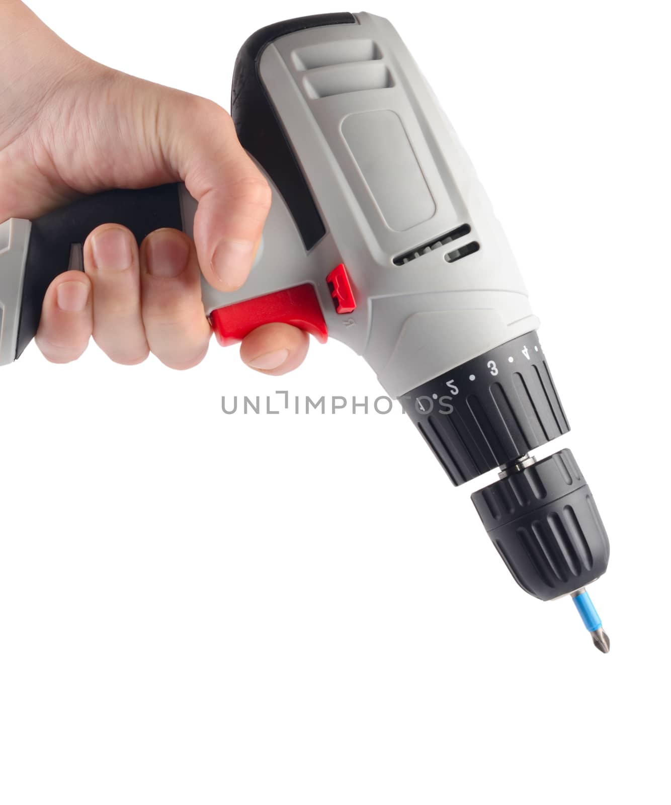 Screwdriver in a man's hand isolated on white background