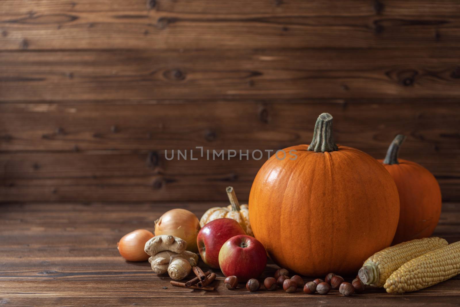 Autumn harvest still life with pumpkins, apples, hazelnut, corn on wooden background with copy space for text