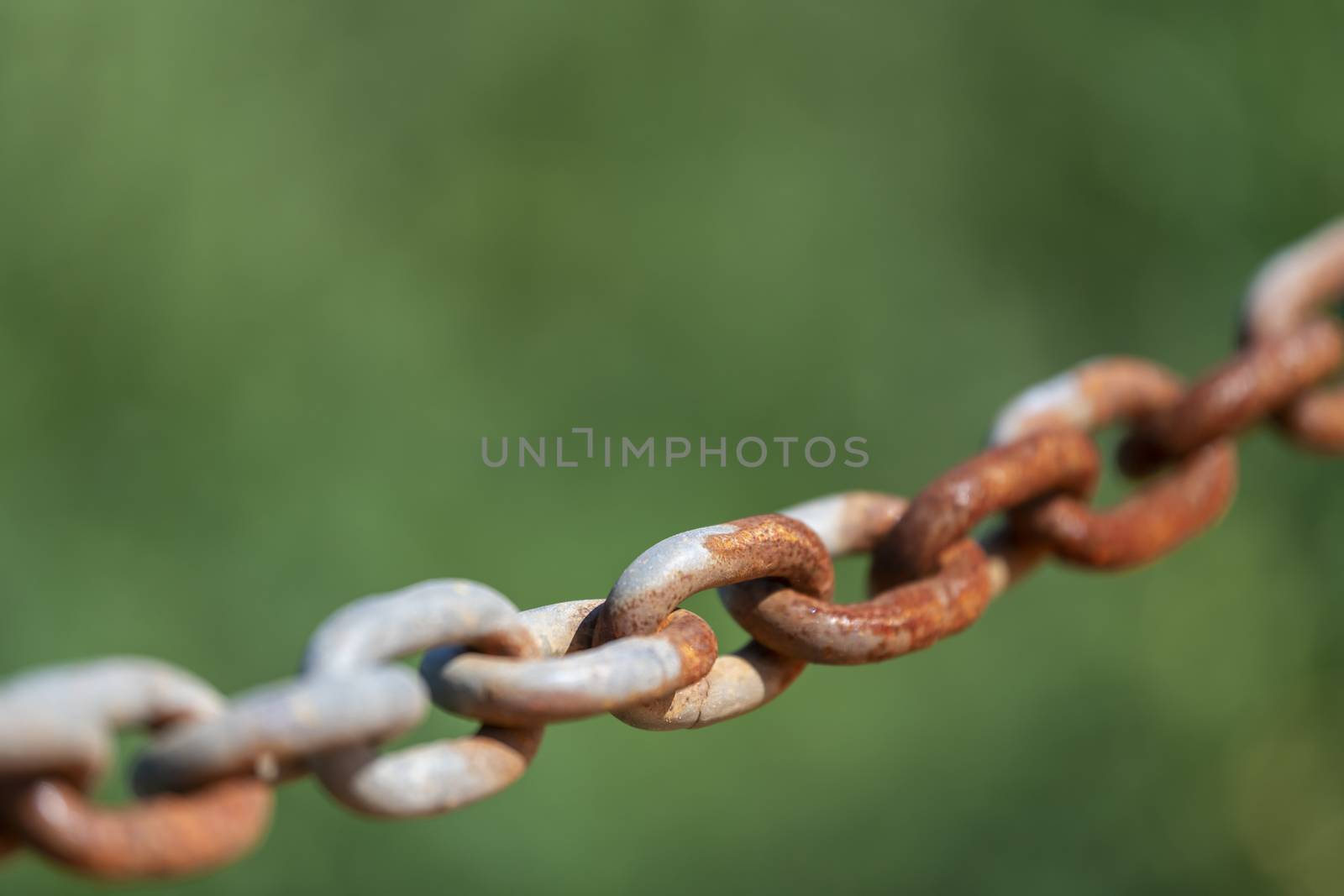 Old rusty chain against a green background blur
