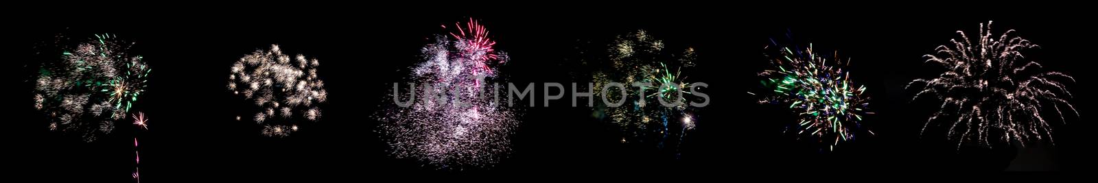 Set of multicolored flashes of fireworks isolated on black background.