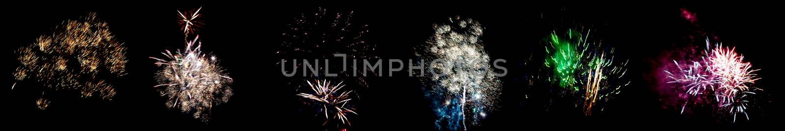 Set of multicolored flashes of fireworks isolated on black background by galsand