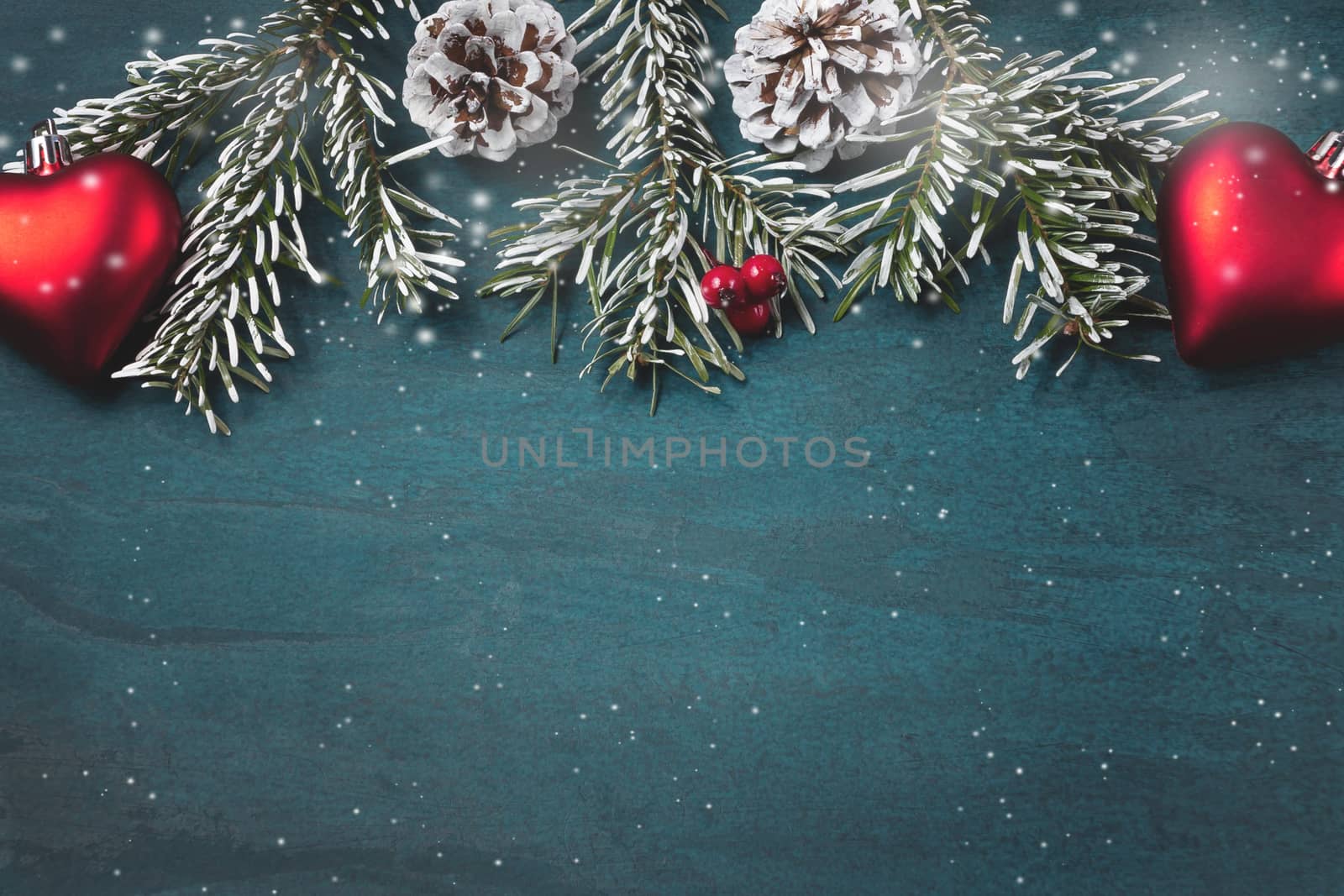 Christmas composition, blank for design - cones and decorations on a textured background, copy space, place for text.