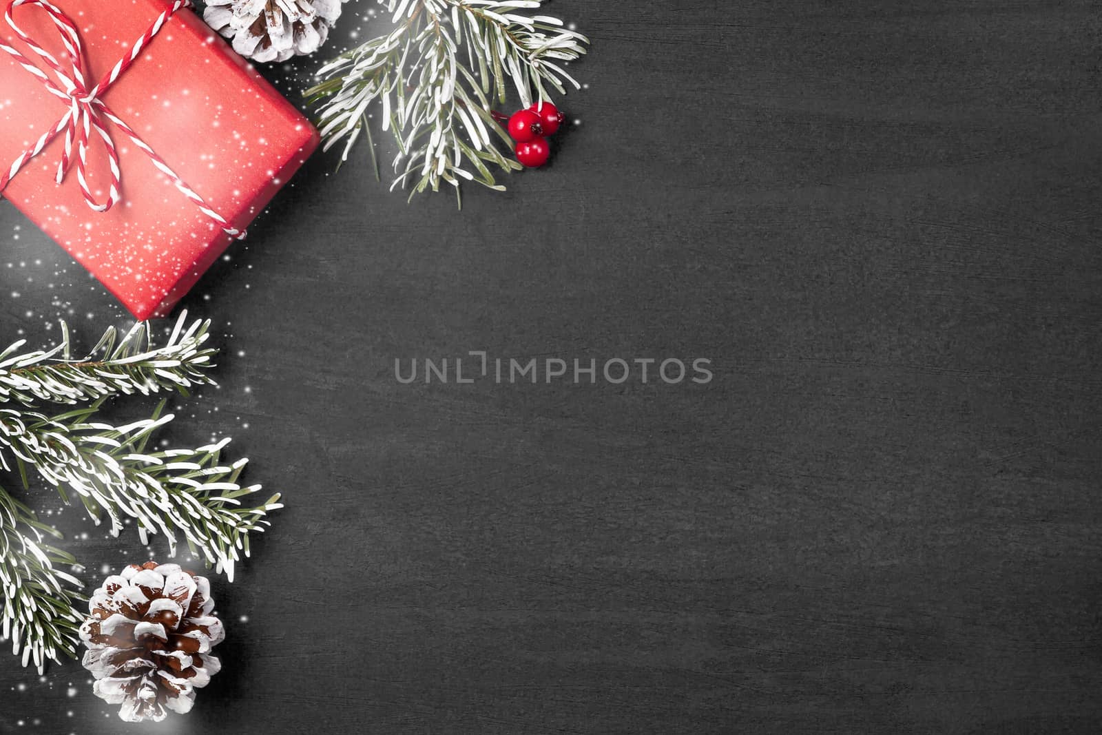 Christmas composition, blank for design - gifts and decorations on a textured background, copy space, place for text.