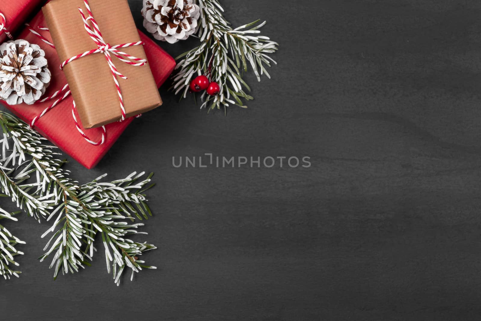 Christmas composition, blank for design - gifts and decorations on a textured background, copy space, place for text.