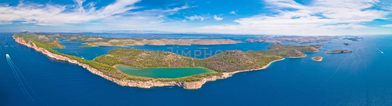 Telascica nature park and green Mir lake on Dugi Otok island aerial panoramic view, Kornati archipelago national park of Croatia