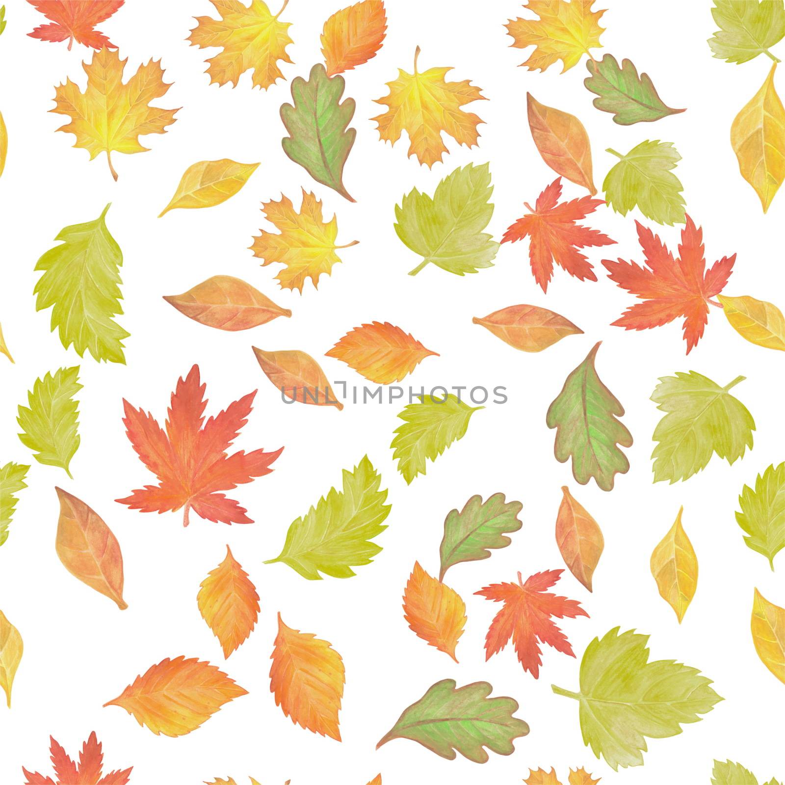 Seamless pattern with different autumn leaves, hand-drawn watercolor painting