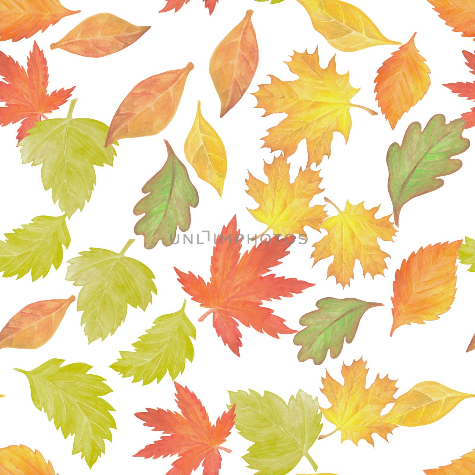 Seamless pattern with different autumn leaves, hand-drawn watercolor painting