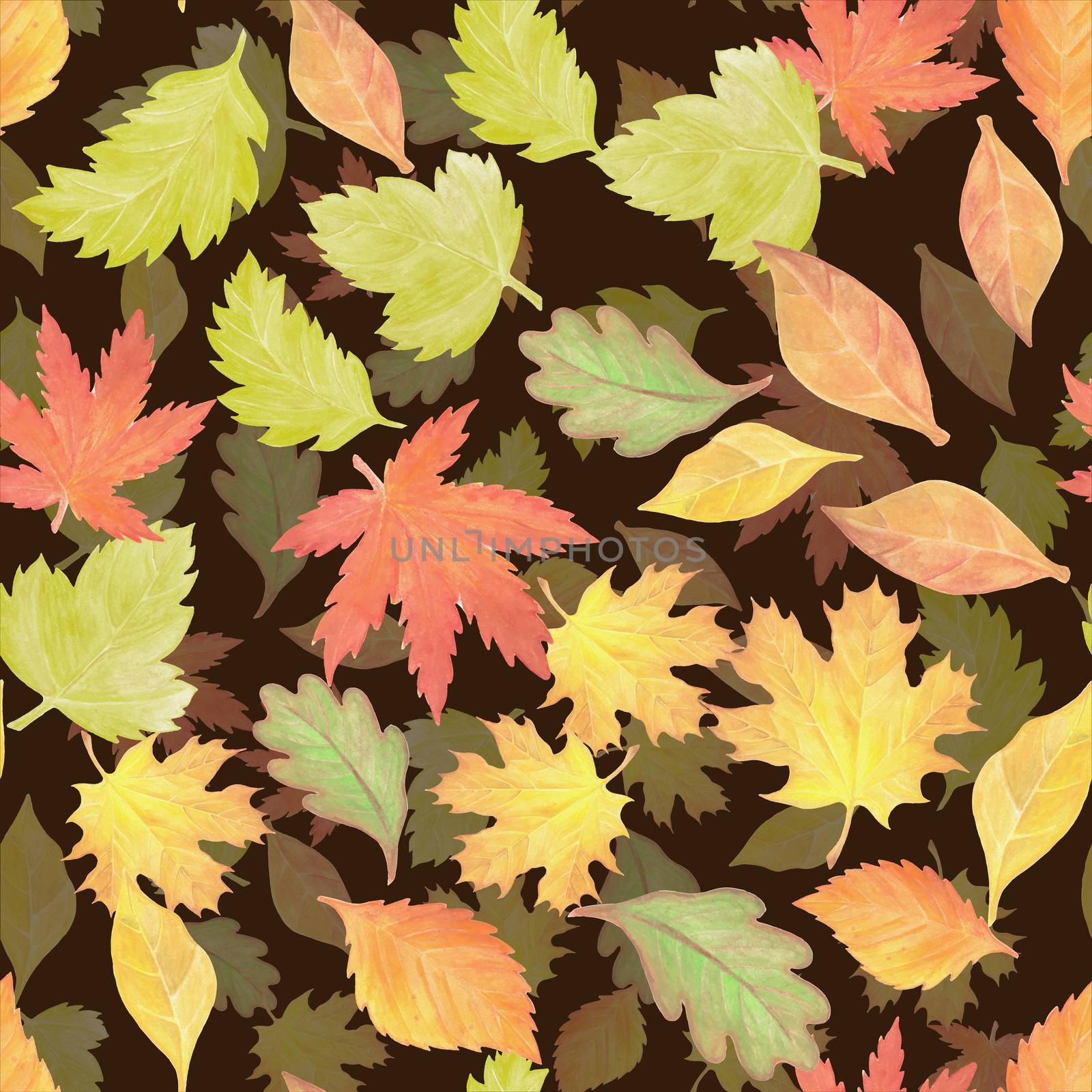 Seamless pattern with different autumn leaves, hand-drawn watercolor painting