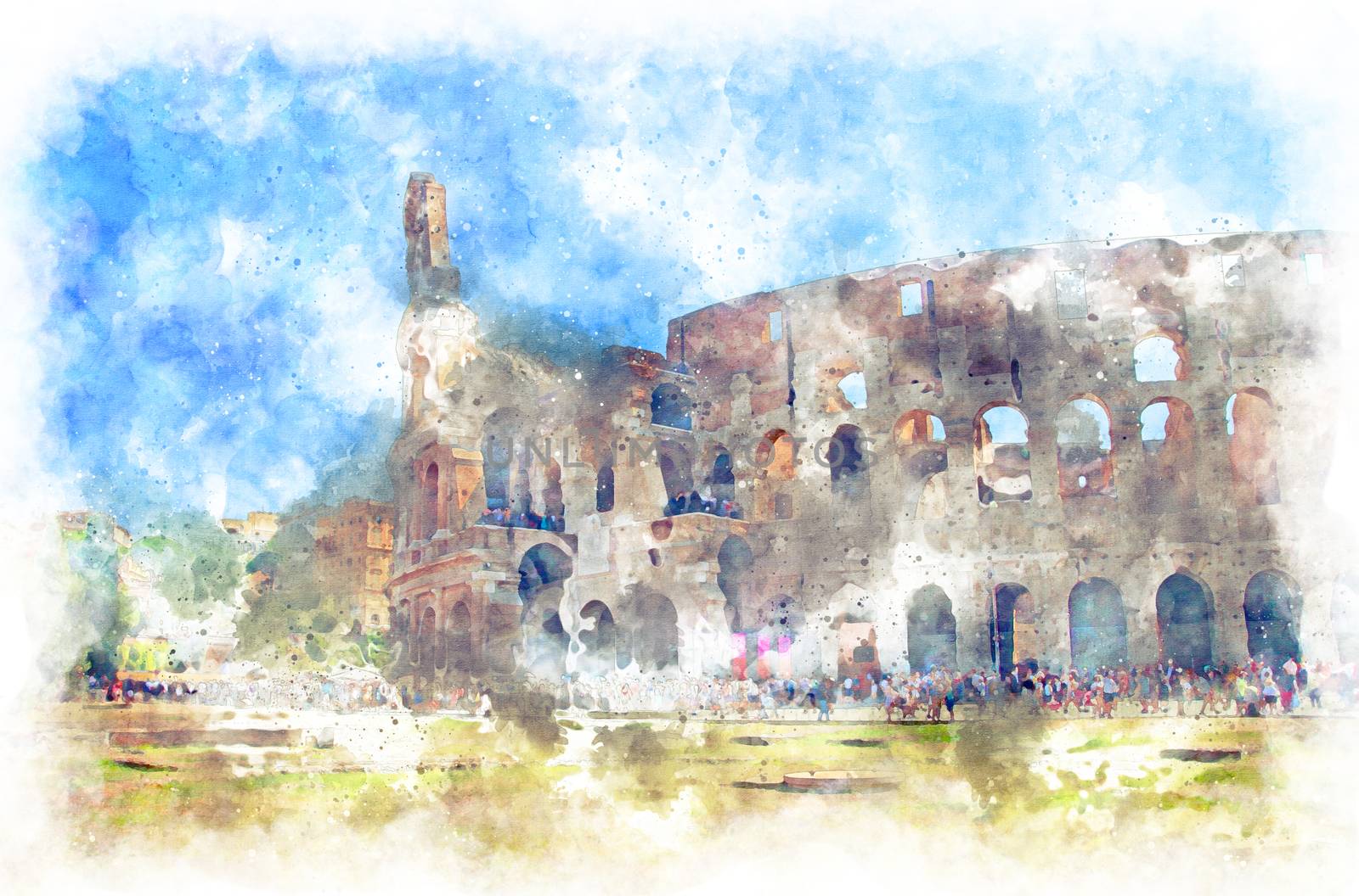 Digital illustration in watercolor style of part of the Colosseum, Rome, Italy, summer