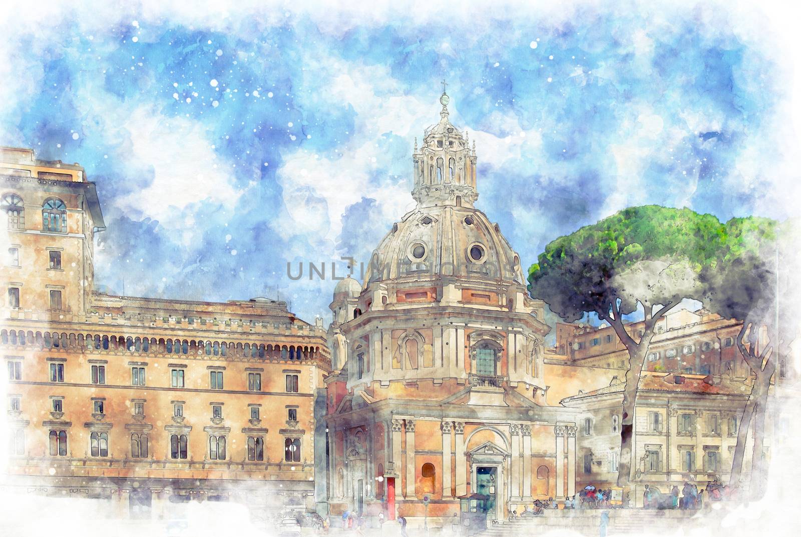 Digital illustration in watercolor style of Church Santa Maria di Loreto near the Forum of Caesar - Viaggio nei Fori , view from from Via dei Fori Imperiali street, Rome, Italy