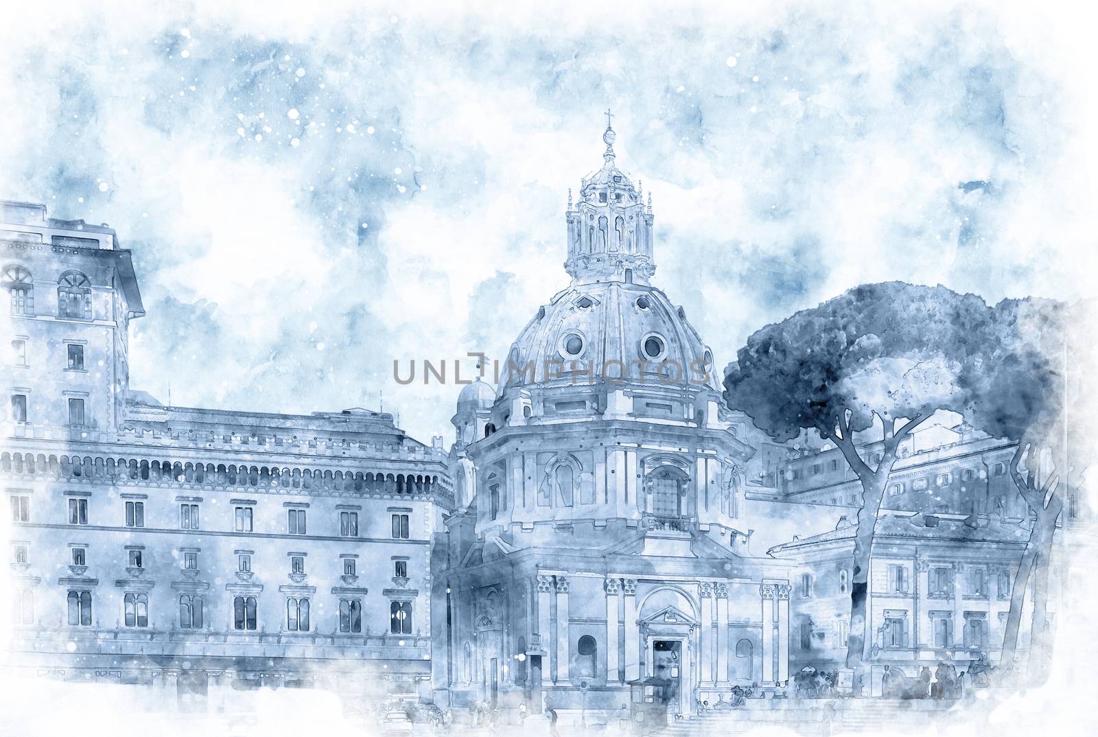 Digital illustration in watercolor style of Church Santa Maria di Loreto near the Forum of Caesar - Viaggio nei Fori , view from from Via dei Fori Imperiali street, Rome, Italy