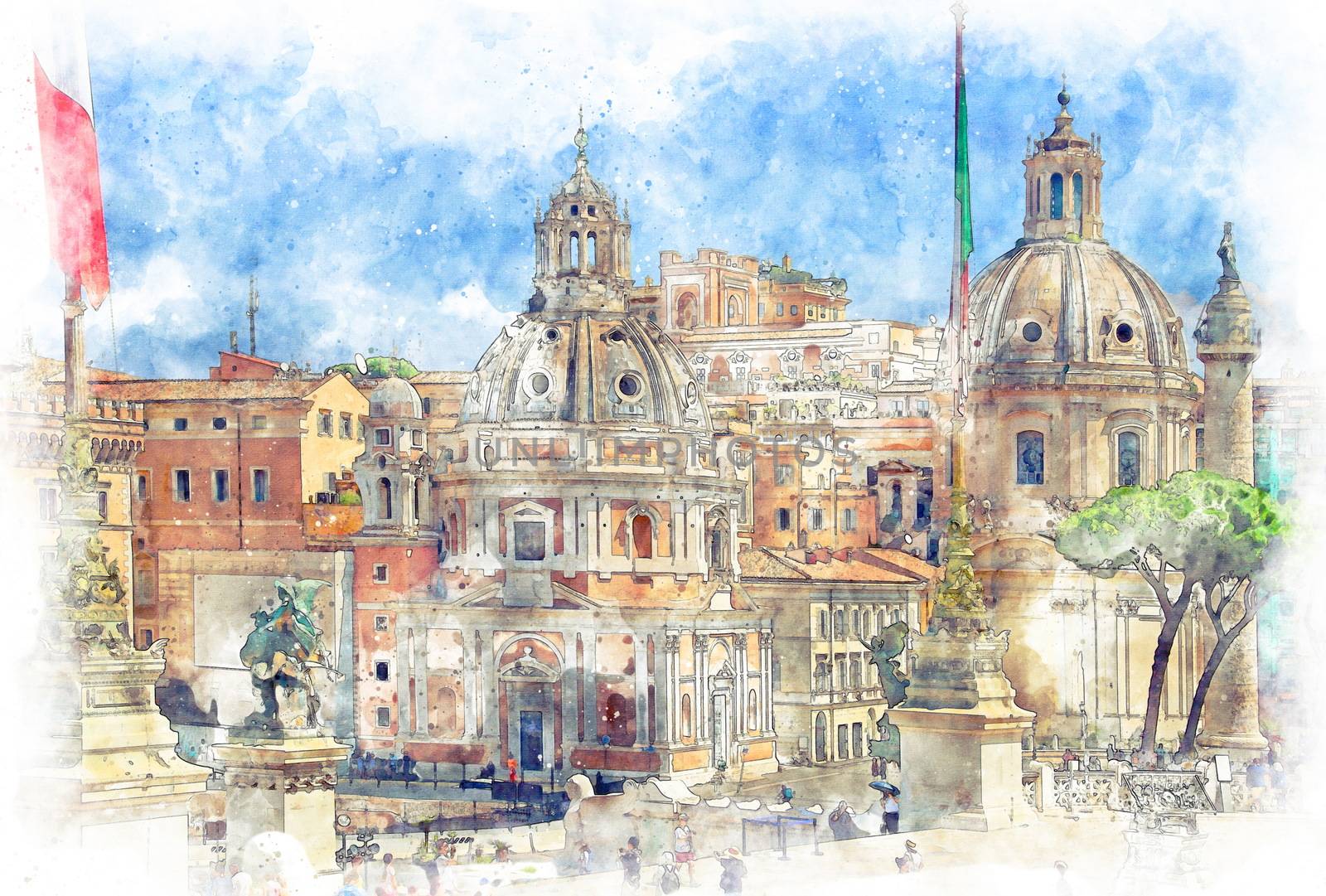 Digital illustration in watercolor style of Trajan's Column and Santa Maria di Loreto, view from Altar of the Fatherland, Rome, Italy