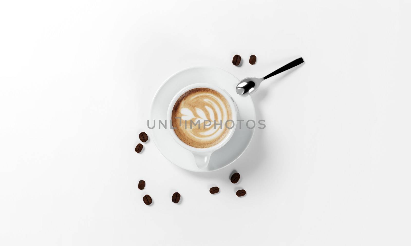 cup of coffee with coffee beans, milk froth, saucer and spoon isolated on a white background, 3d render