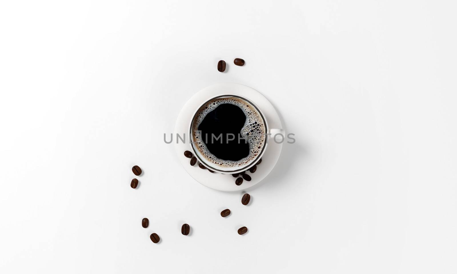 cup of coffee with coffee beans, saucer and spoon isolated on a white background, 3d render