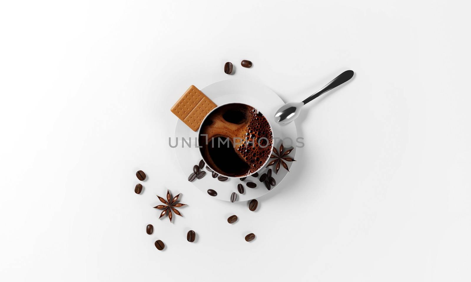 cup of coffee with coffee beans, saucer,cinnamon seeds, cookies and spoon isolated on a white background, 3d render