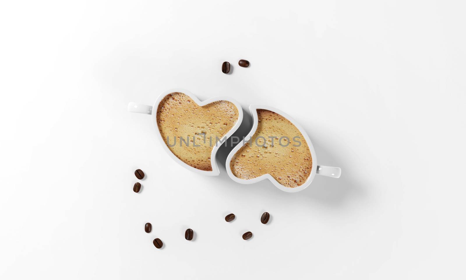 two cups of coffee in the shape of a heart with coffee beans, milk froth, isolated on a white background, 3d render