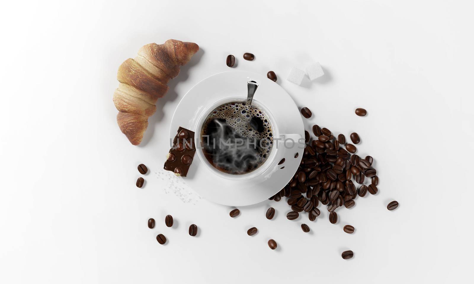 cup of coffee with coffee beans, a piece of chocolate with nuts, saucer, croissant and spoon isolated on a white background, 3d render