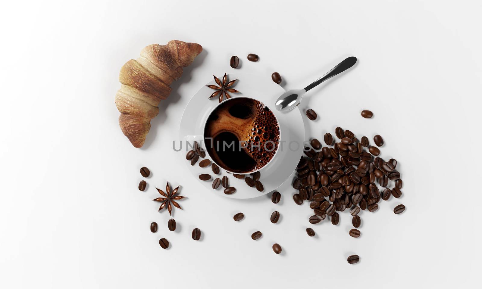 cup of coffee with coffee beans, milk froth, saucer, croissant,cinnamon seeds and spoon isolated on a white background, 3d render