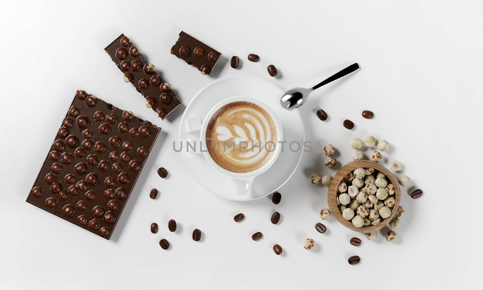 cup of coffee with coffee beans, milk froth, saucer, chocolate, hazelnuts and spoon isolated on a white background, 3d render