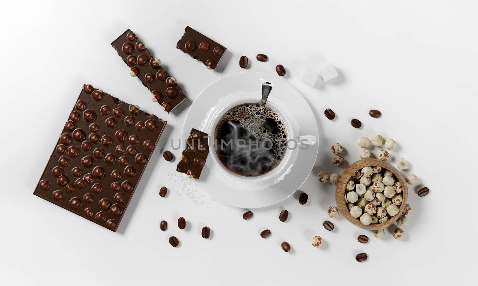 cup of coffee with coffee beans, milk froth, saucer, chocolate, hazelnuts and spoon isolated on a white background, 3d render