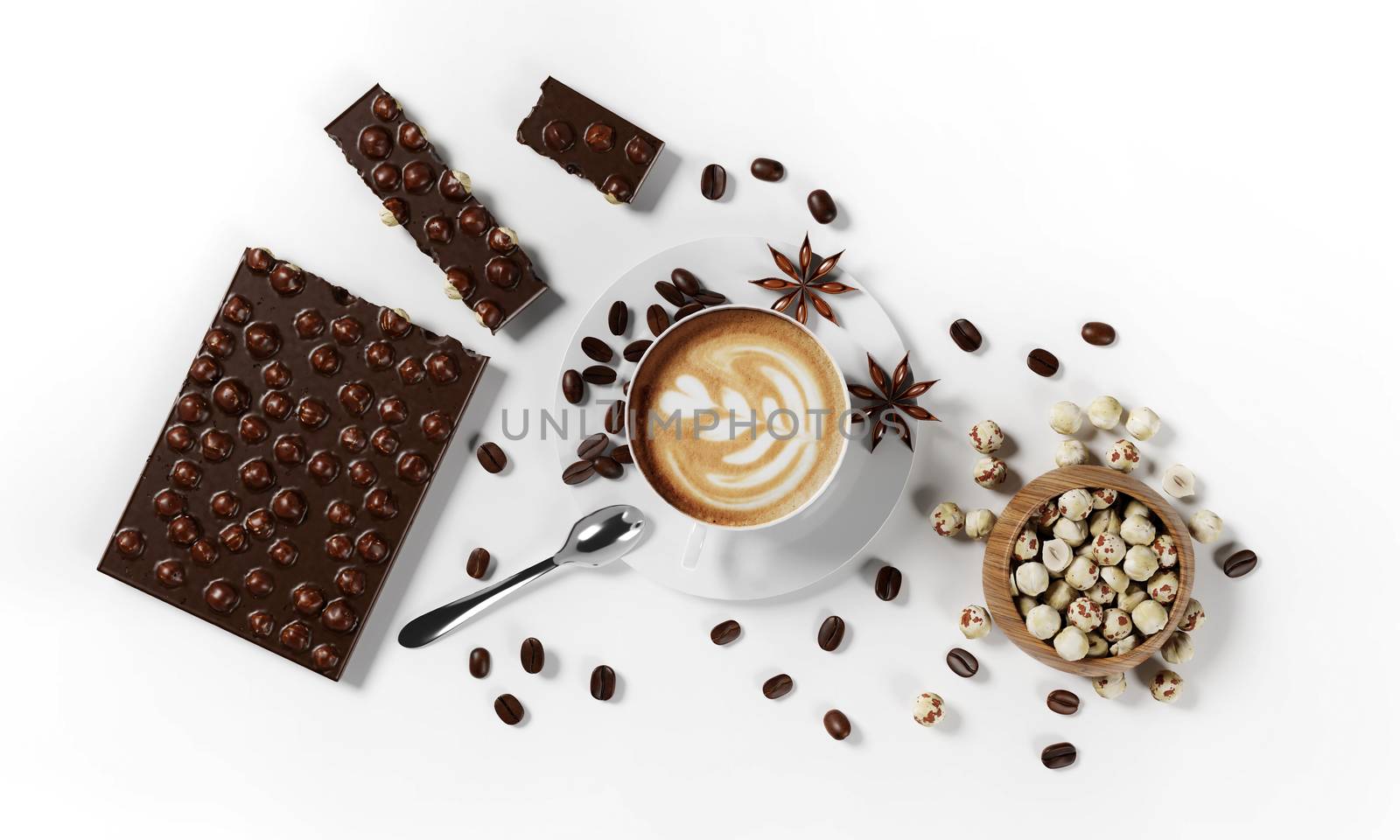 cup of coffee with coffee beans, milk froth, saucer, chocolate, hazelnuts and spoon isolated on a white background, 3d render