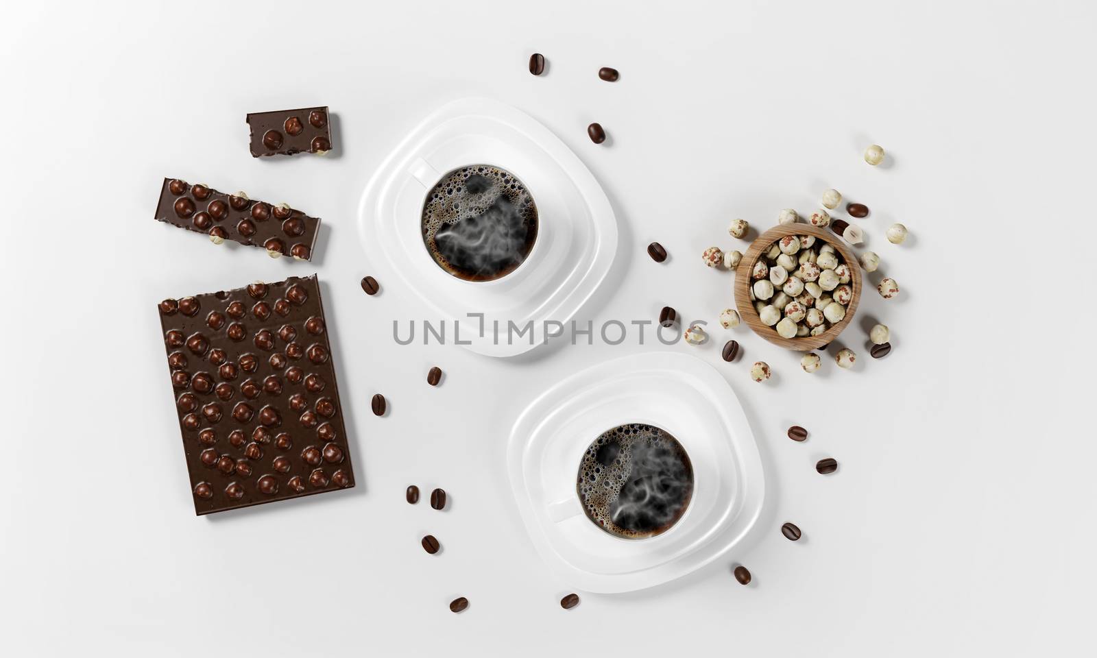 cup of coffee with coffee beans, milk froth, saucer, chocolate, hazelnuts and spoon isolated on a white background, 3d render