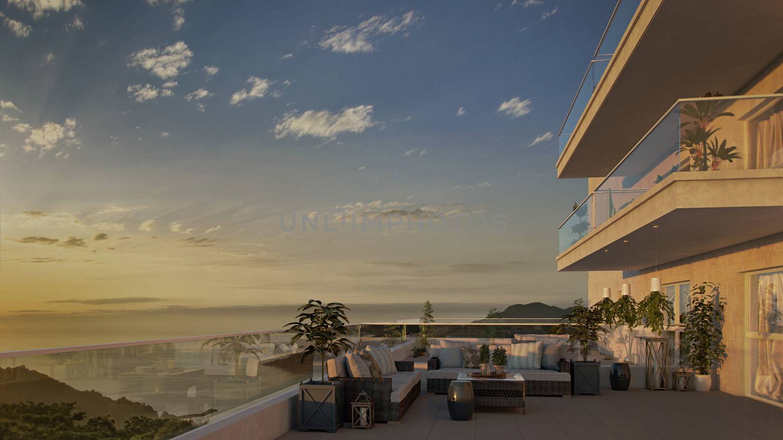 sunset sea view from the balcony, 3d rendering