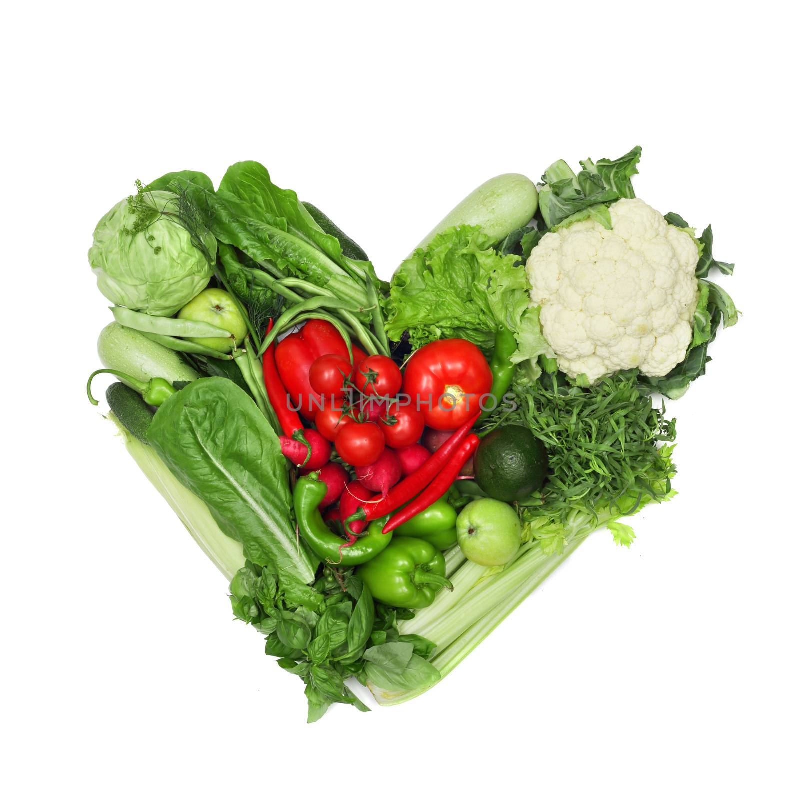 Red and green vegetable heart isolated on white background healthy eating love vegetarian food concept
