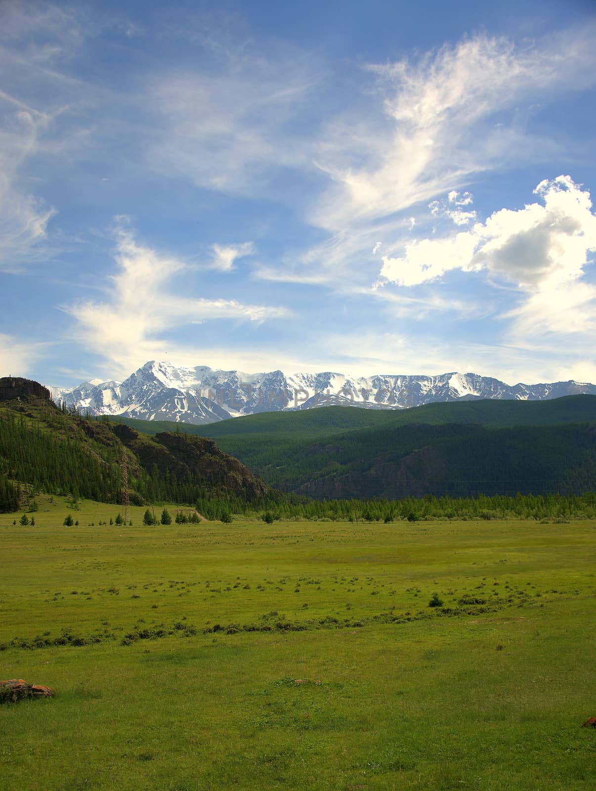 Green fertile valley against the backdrop of snow covered mountain ranges. Altai, Siberia, Russia.