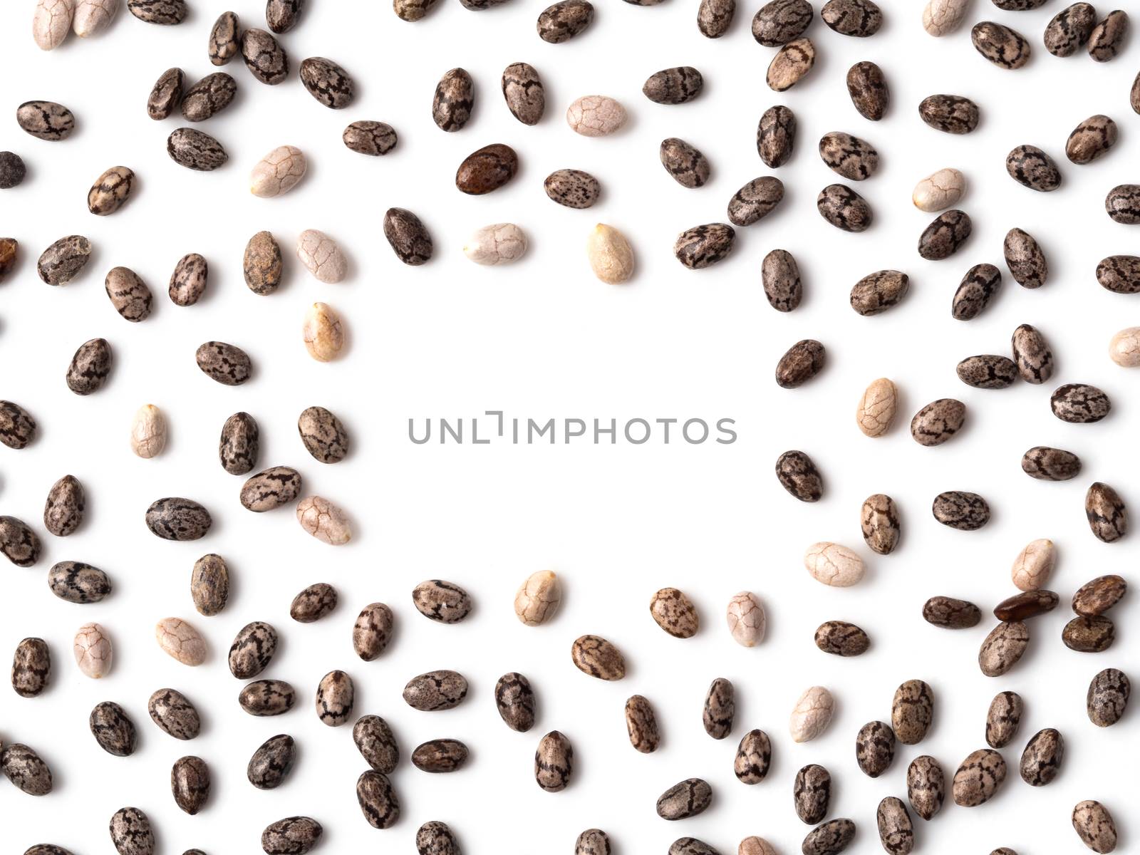 chia seeds on white background top view. Pattern of healthy chia seeds with copy space for text or design. Isolated on white with clipping path. Top view or flat lay.